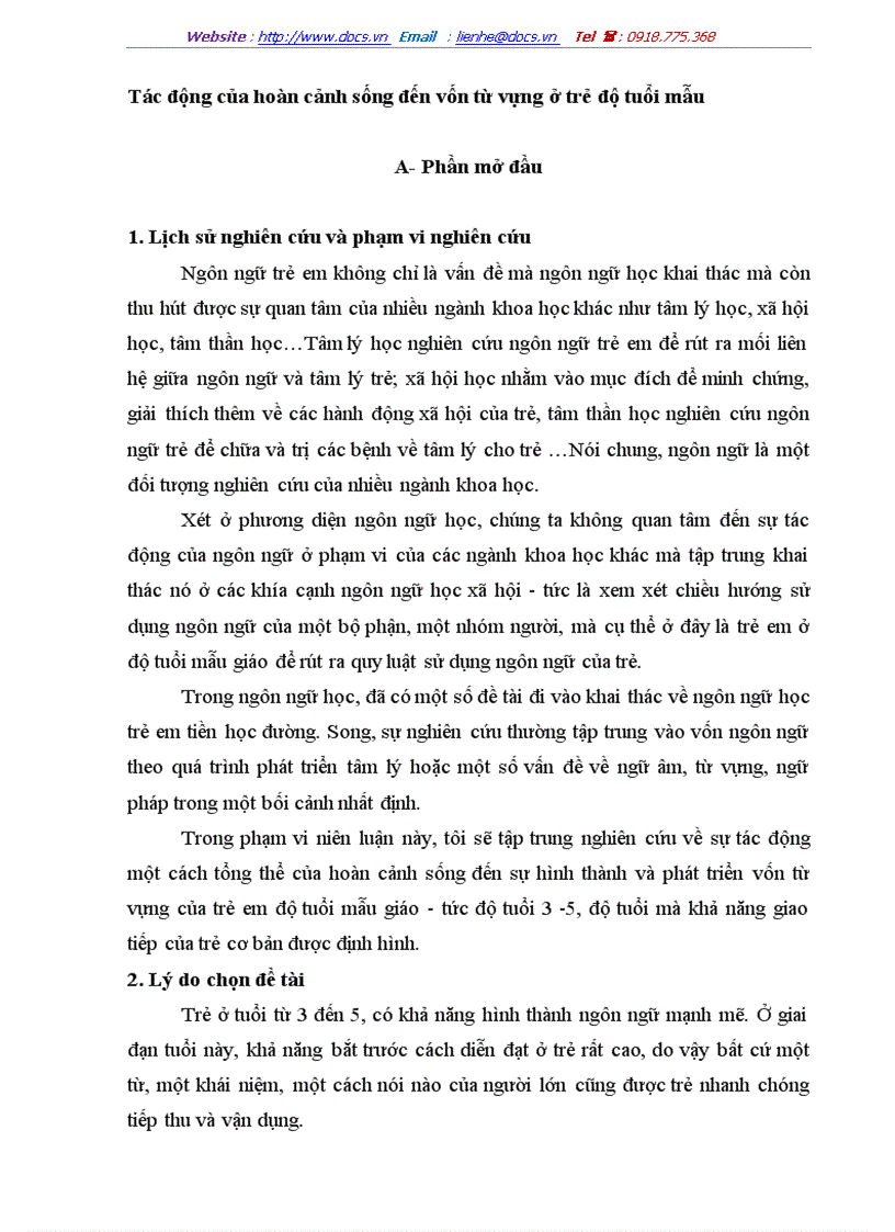 Tác động của hoàn cảnh sống đến vốn từ vựng ở trẻ độ tuổi mẫu giáo