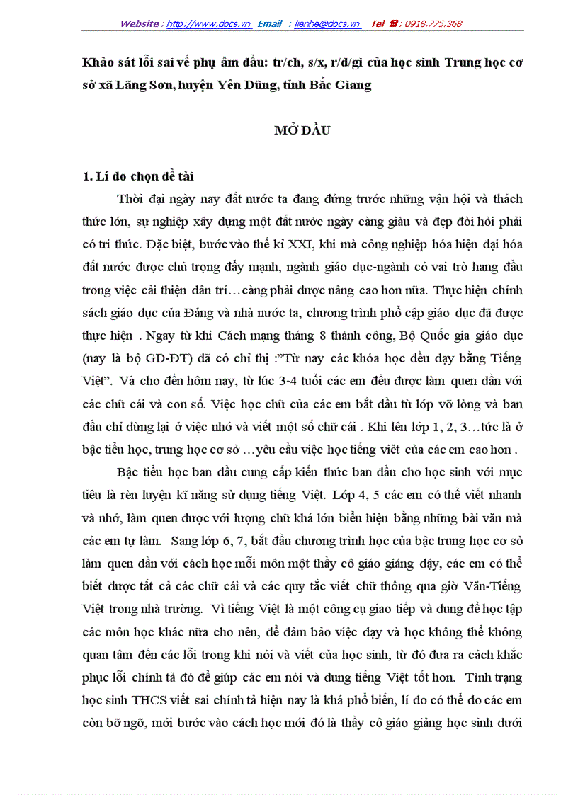 Khảo sát lỗi sai về phụ âm đầu tr ch s x r d gi của học sinh Trung học cơ sở xã Lãng Sơn huyện Yên Dũng tỉnh Bắc Giang
