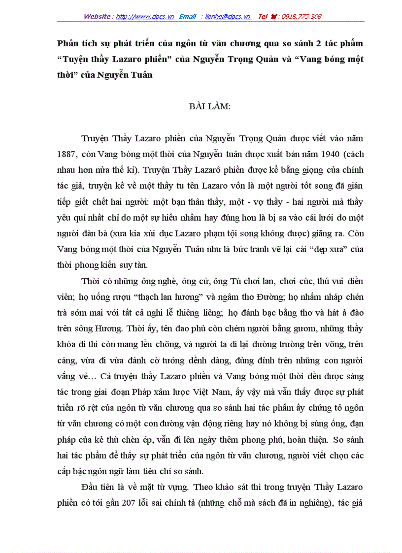 Phân tích sự phát triển của ngôn từ văn chương qua so sánh 2 tác phẩm Tuyện thầy Lazaro phiền của Nguyễn Trọng Quản và Vang bóng một thời