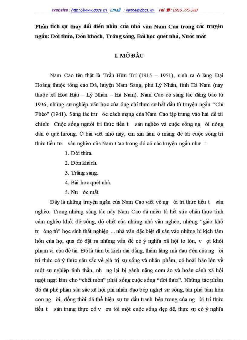 Phân ti ch sư thay đô i điê n nhi n cu a nha văn Nam Cao trong ca c truyê n ngă n Đơ i thư a Đo n kha ch Trăng sa ng Ba i ho c que t nha
