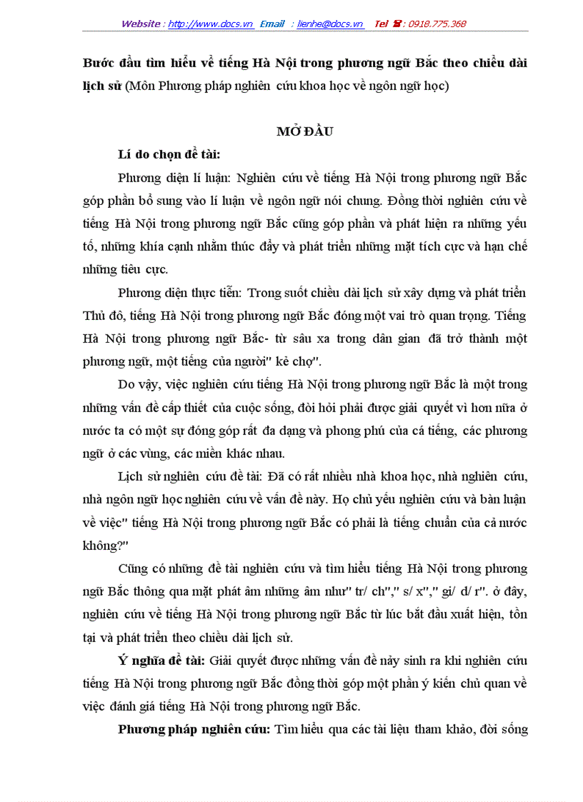 Bước đầu tìm hiểu về tiếng Hà Nội trong phương ngữ Bắc theo chiều dài lịch sử Môn Phương pháp nghiên cứu khoa học về ngôn ngữ học