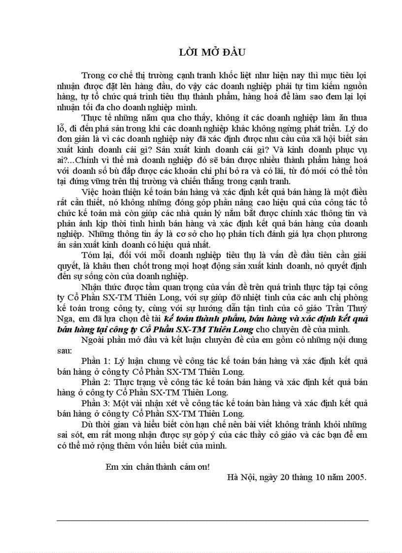 Công tác kế toán BH và xác định KQBH tại công ty cổ phần SX TM Thiên Long chi nhánh tại Hà Nội