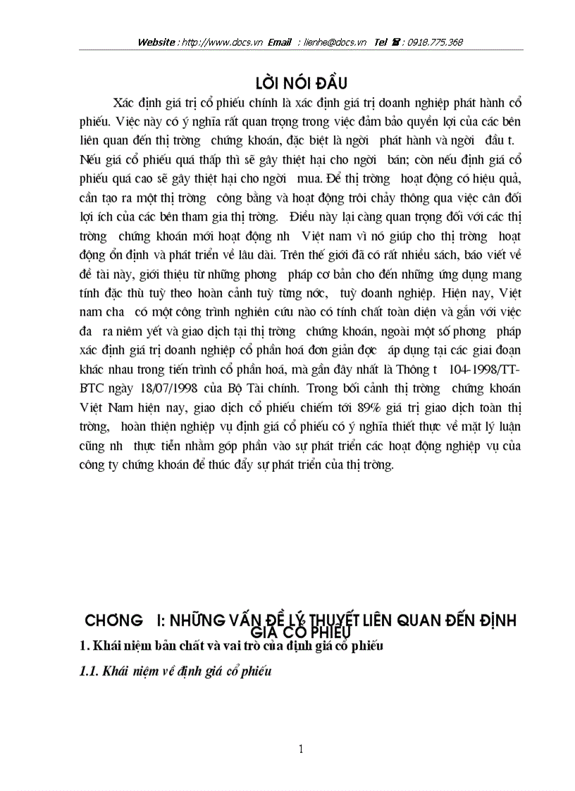 Những vấn đề lý thuyết liên quan đến định giá cổ phiếu Chương