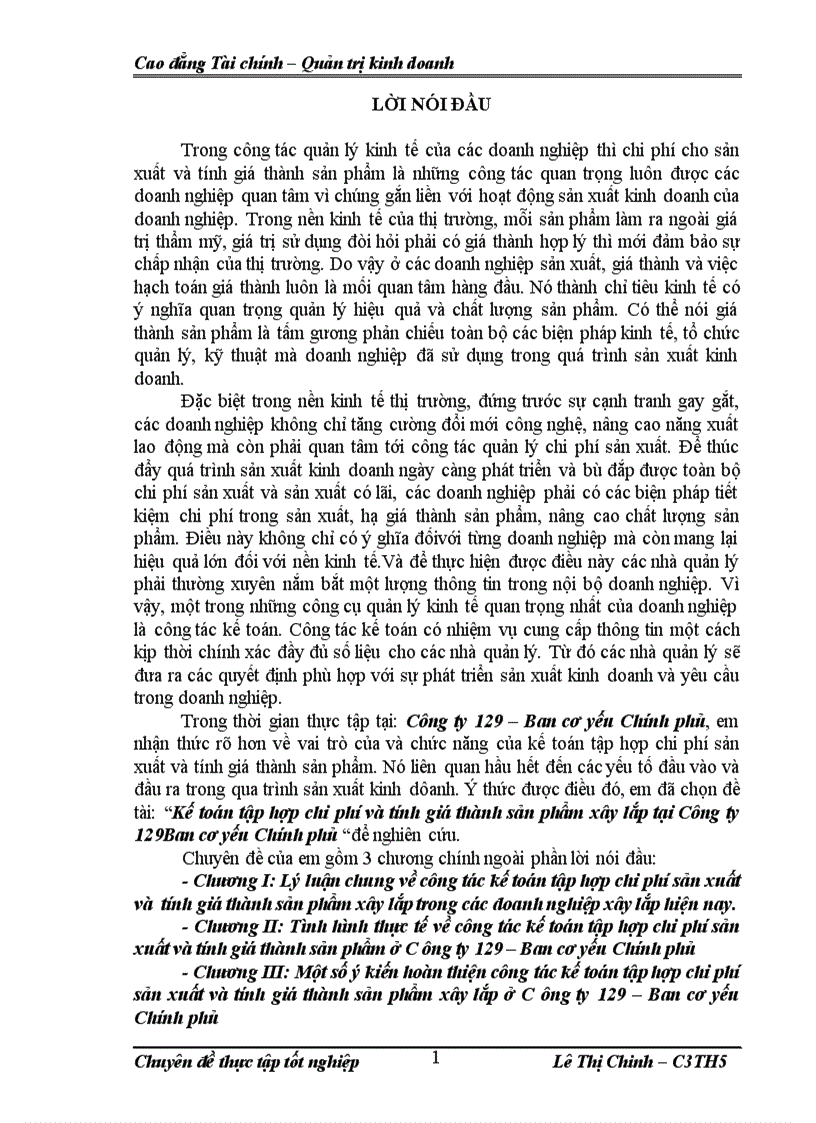 Kế toán tập hợp chi phí và tính giá thành sản phẩm xây lắp tại Công ty 129Ban cơ yếu Chính phủ