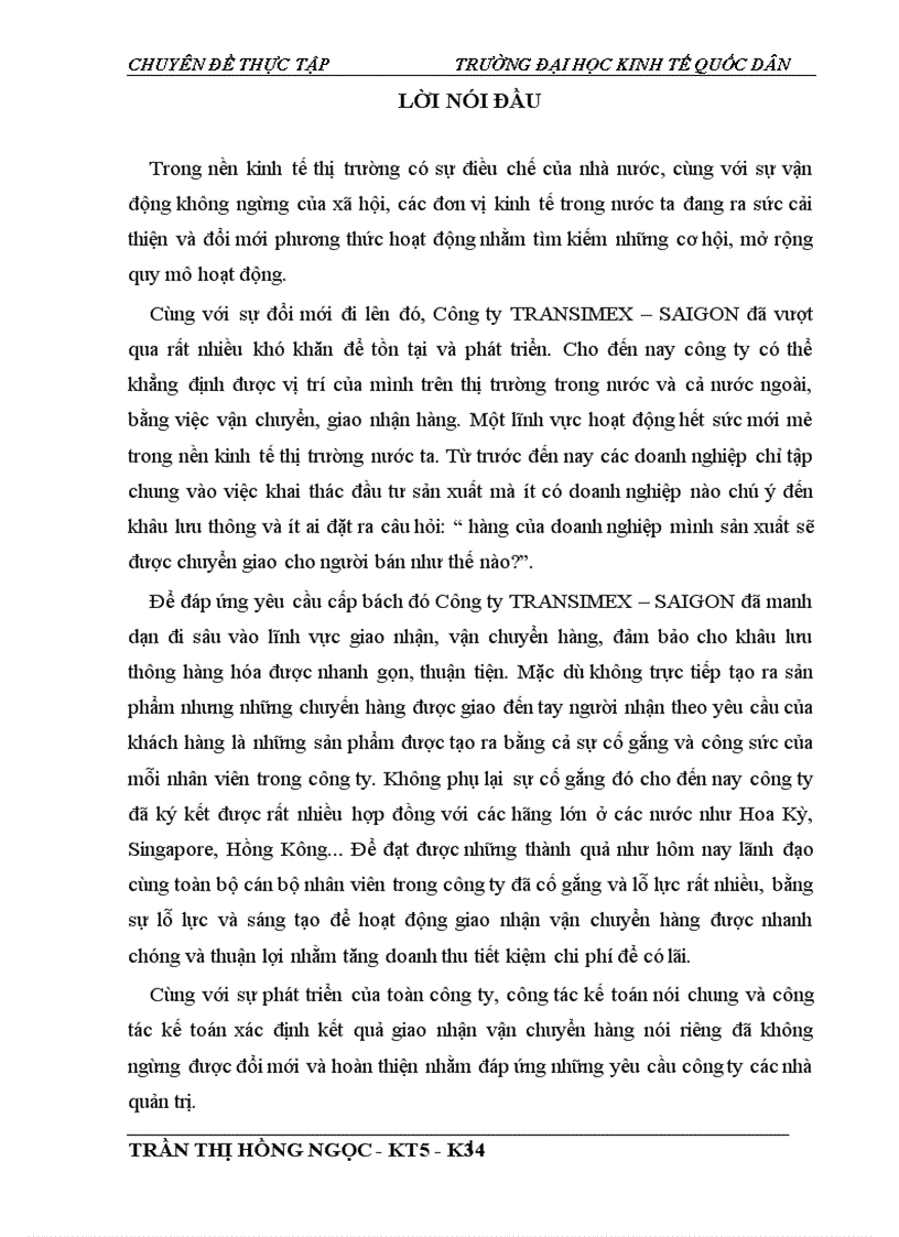 Hoàn thiện công tác hạch toán tiêu thụ giao nhận vận chuyển hàng và xác định kết qủa kinh doanh tại Công ty TRANSIMEX SAIGON Chi nhánh tại Hà Nội