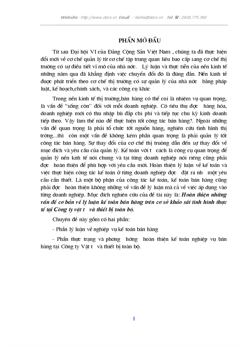 Hoàn thiện những vấn đề cơ bản về lý luận kế toán bán hàng trên cơ sở khảo sát tình hình thực tế tại Công ty vật tư và thiết bị toàn bộ