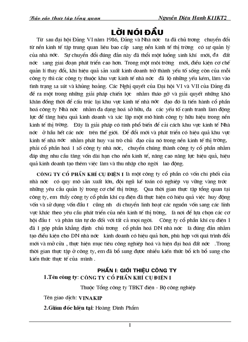 Báo cáo thực tập tại công ty cổ phần khí cụ điện I Thuộc Tổng công ty TBKế toán điện Bộ công nghiệp