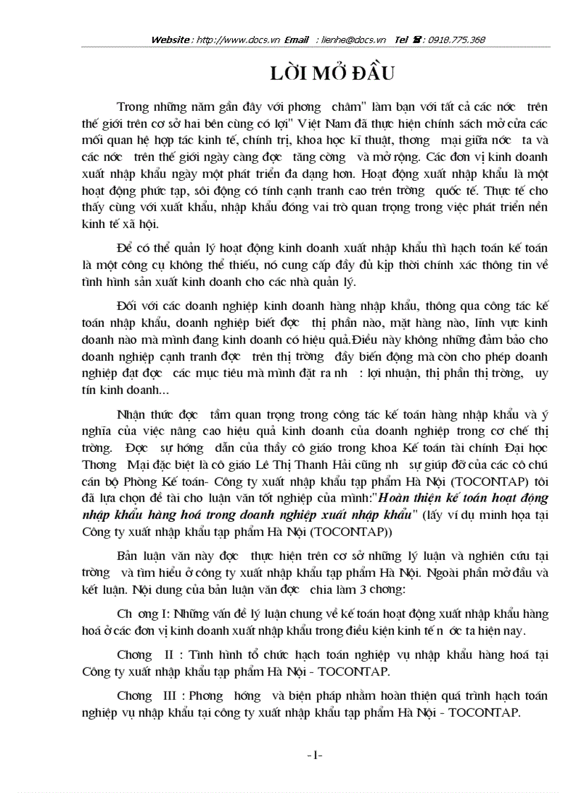 Hoàn thiện kế toán hoạt động nhập khẩu hàng hoá trong doanh nghiệp xuất nhập khẩu Công ty xuất nhập khẩu tạp phẩm Hà Nội TOCONTAP