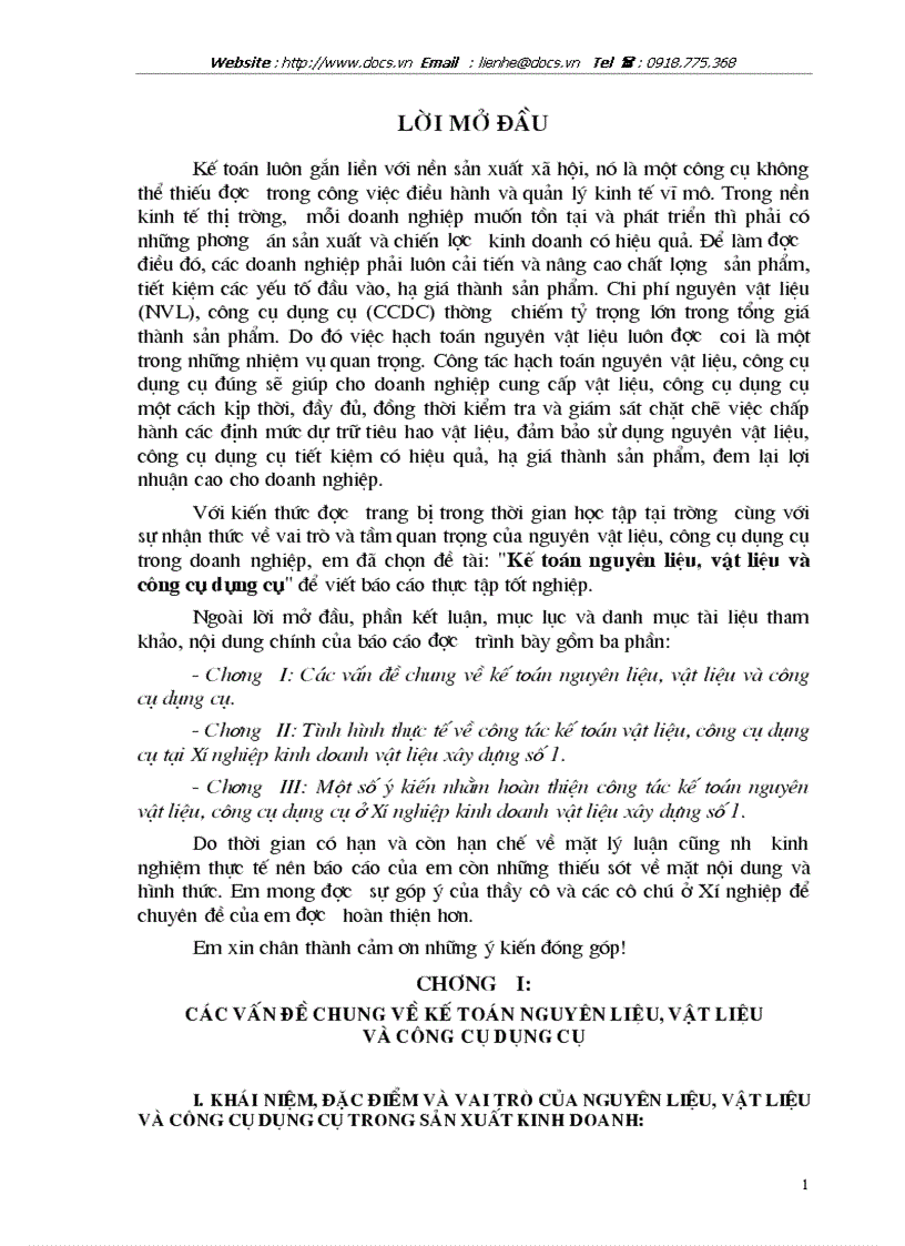 Kế toán nguyên liệu vật liệu và công cụ dụng cụ tại Xí nghiệp kinh doanh vật liệu xây dựng số