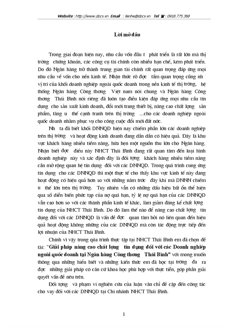 Giải pháp nâng cao chất lượng tín dụng đối với các Doanh nghiệp ngoài quốc doanh tại ngânhàng NHCT VietinBank Thái Bình