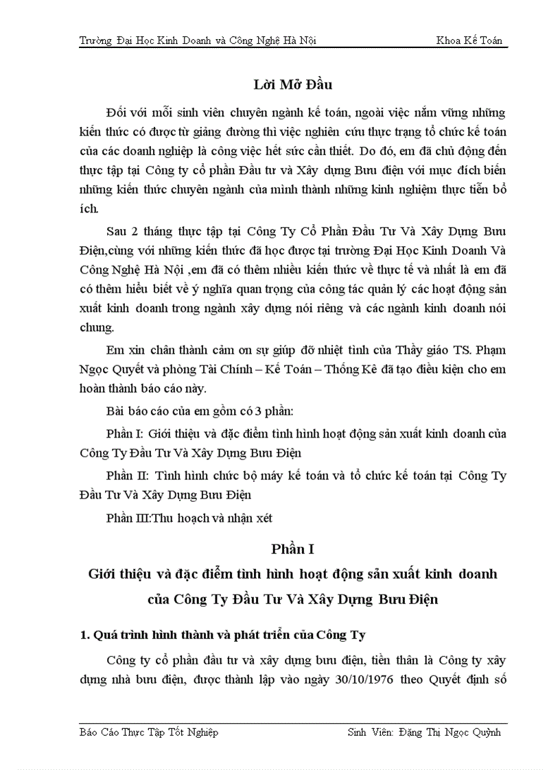 Tình hình chức bộ máy kế toán và tổ chức kế toán tại Công Ty Đầu Tư Và Xây Dựng Bưu Điện
