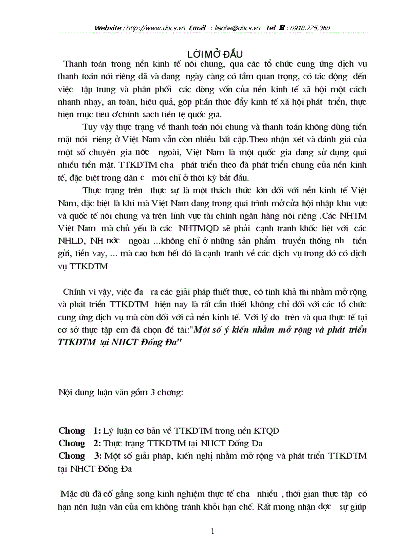 1số ý kiến nhằm mở rộng phát triển thanh toán không dùng tiền mặt tại ngânhàng NHCT VietinBank Đống Đa