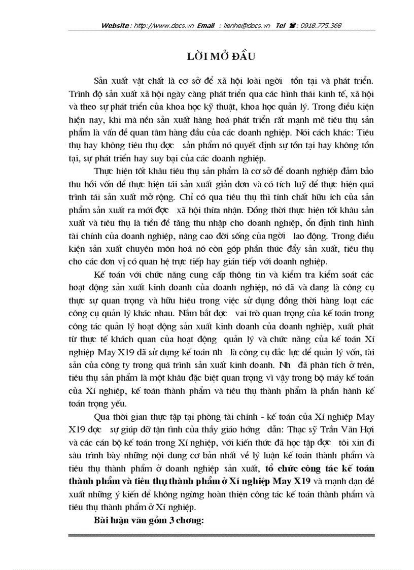 Tổ chức công tác kế toán thành phẩm và tiêu thụ thành phẩm ở Xí nghiệp May X19