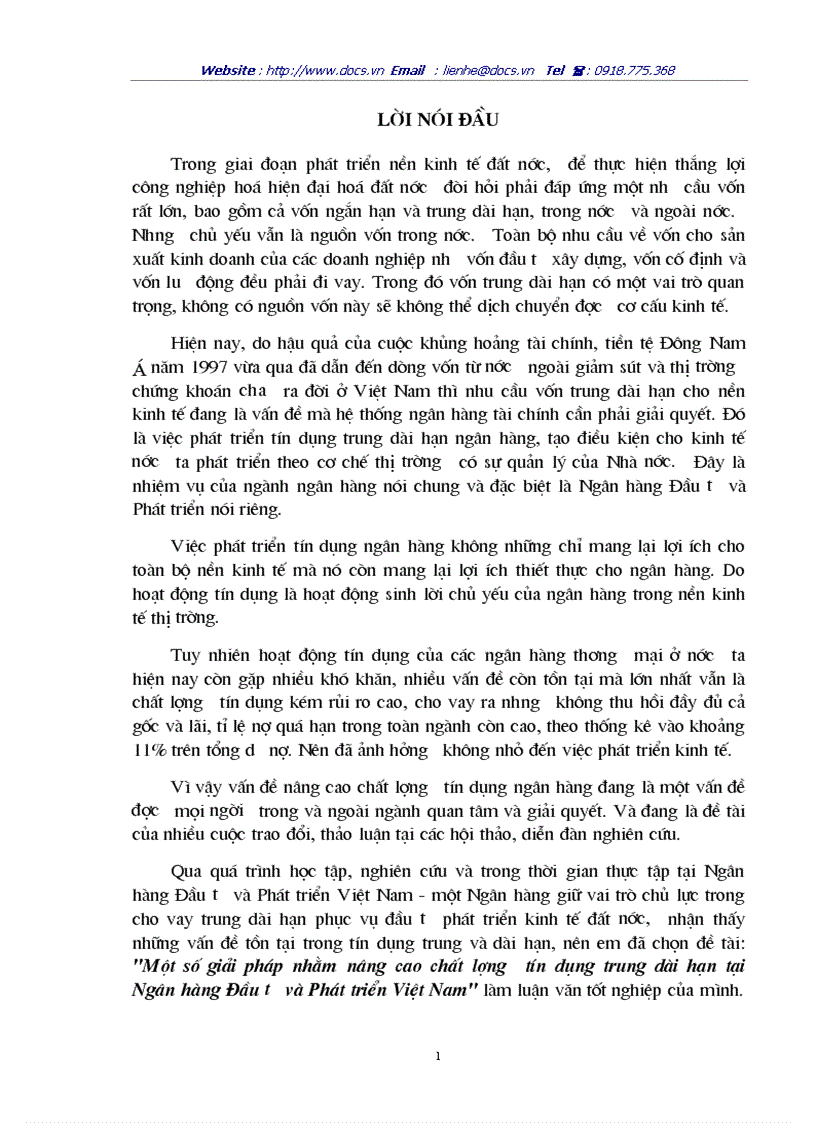 1số giải pháp nhằm nâng cao chất lượng tín dụng trung dài hạn tại ngânhàng NHĐT PT BIDV VN