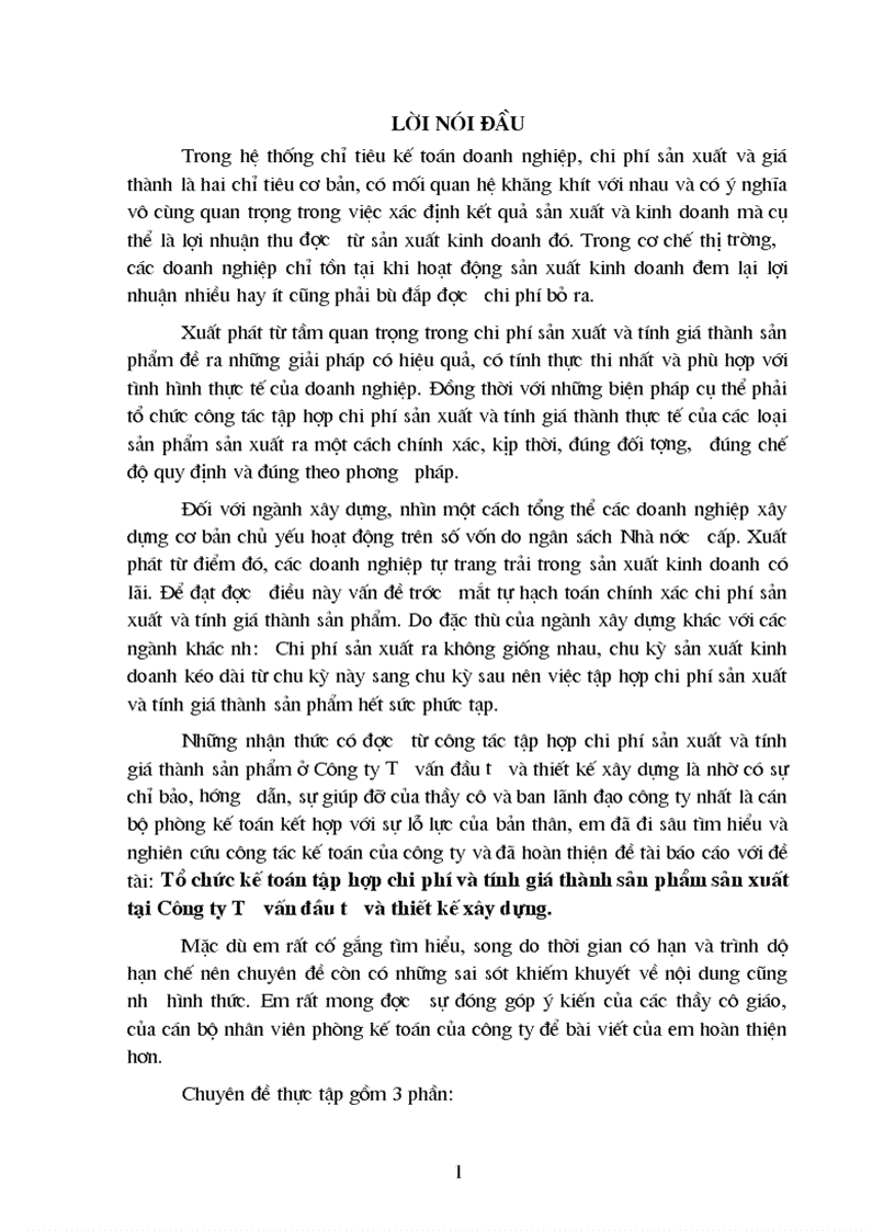 Hoàn thiện công tác kế toán chi phí sản xuất và tính giá thành sản phẩm trong doanh nghiệp sản xuất ở Công ty Tư vấn đầu tư và thiết kế xây dựng