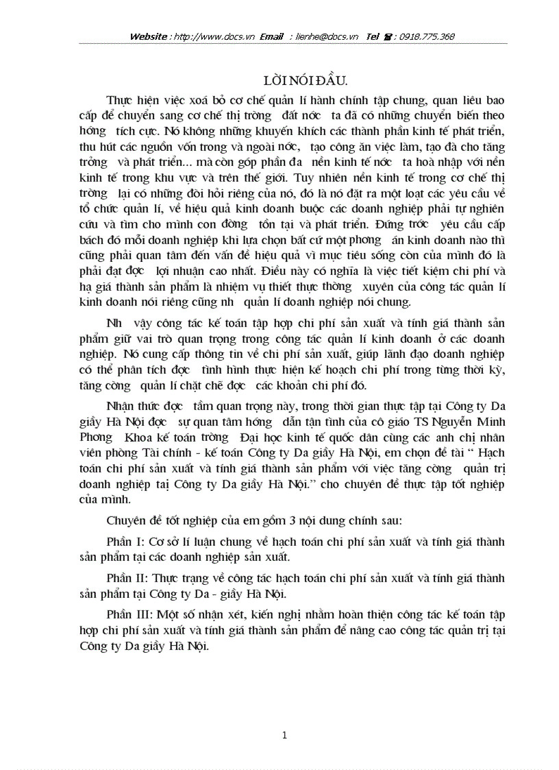 Hạch toán chi phí sản xuất và tính giá thành sản phẩm với việc tăng cường quản trị doanh nghiệp taị Công ty Da giầy Hà Nội