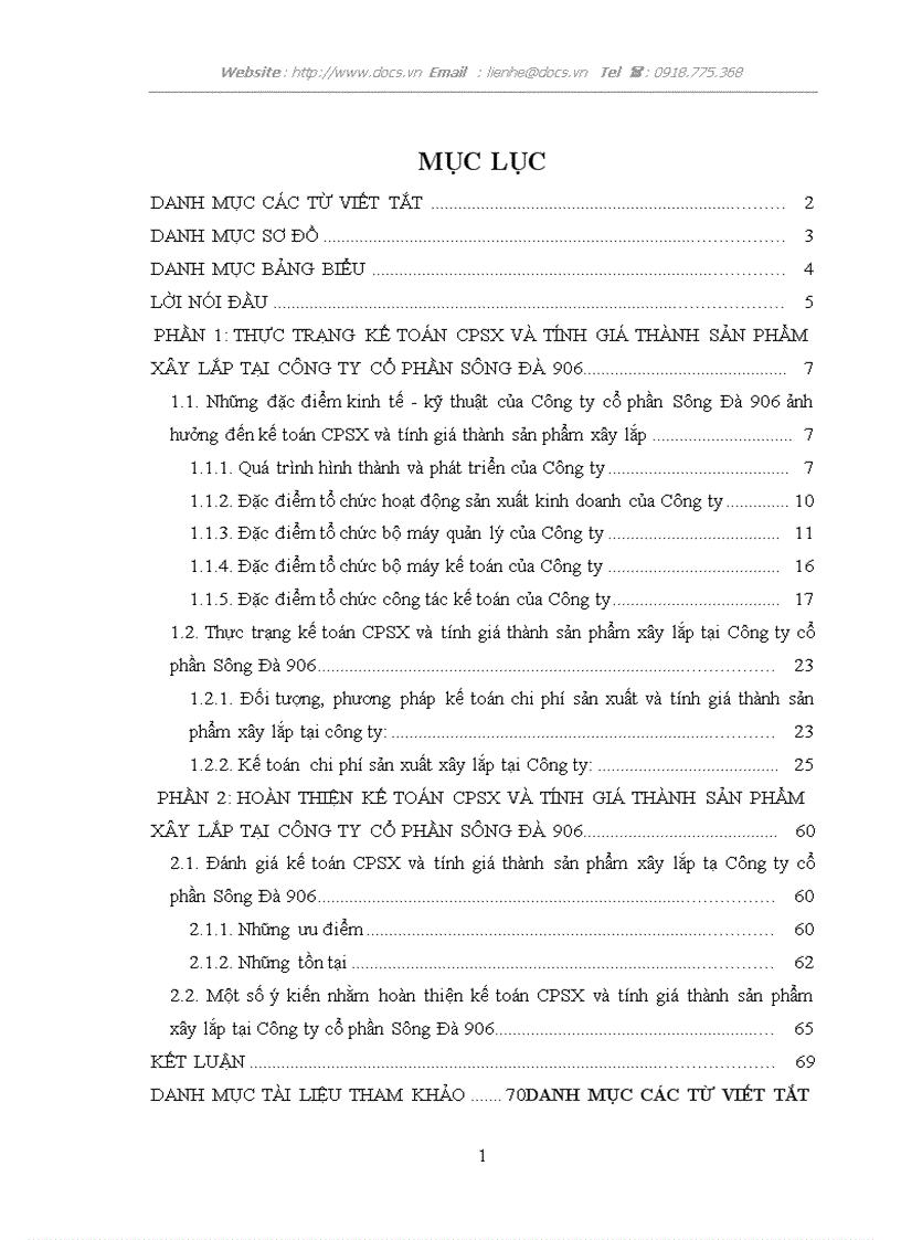 Kế toán chi phí sản xuất và tính giá thành sản phẩm xây lắp tại Công ty cổ phần Sông Đà 906