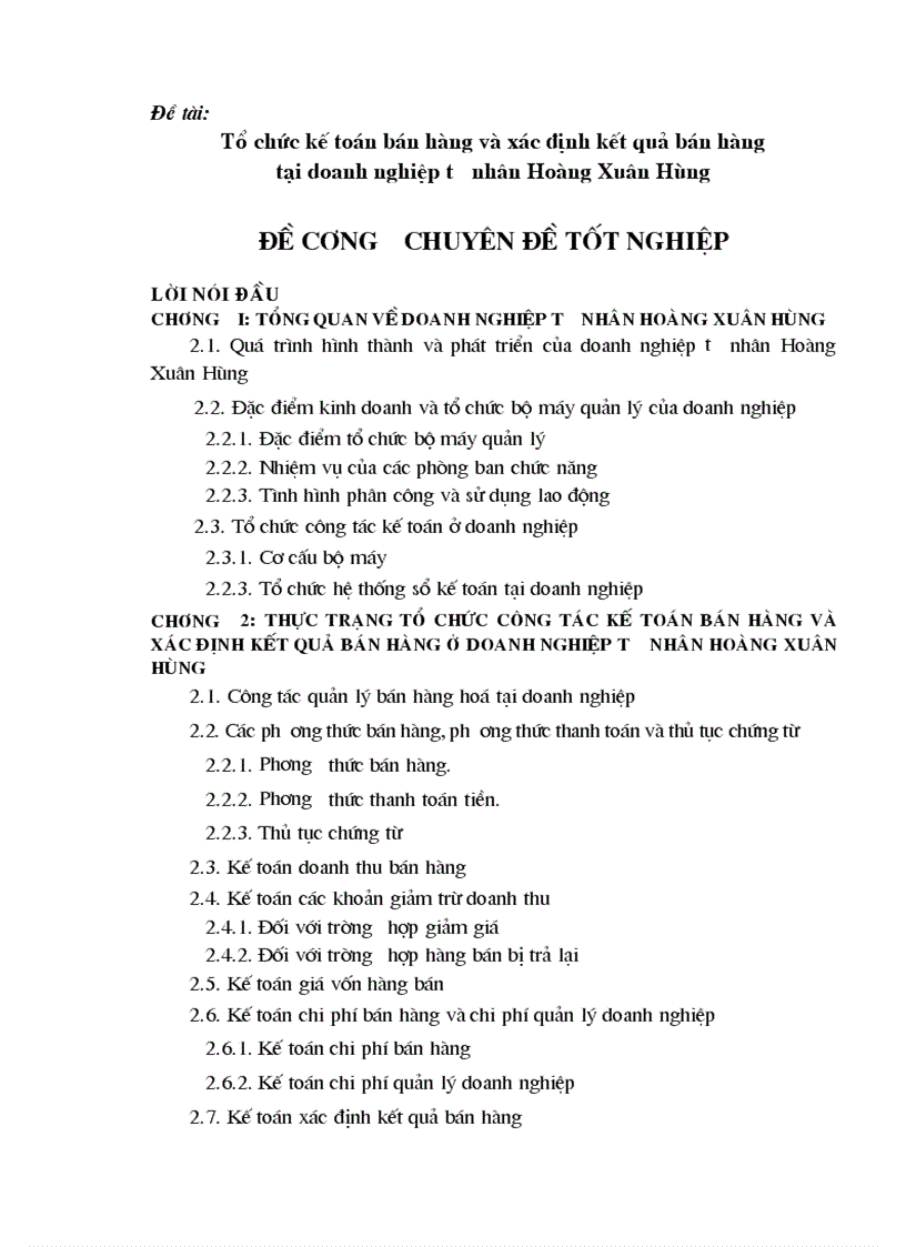 Một số ý kiến đề xuất nhằm hoàn thiện công tác kế toán bán hàng và xác định kết quả bán ở Doanh nghiệp tư nhân Hoàng Xuân Hùng