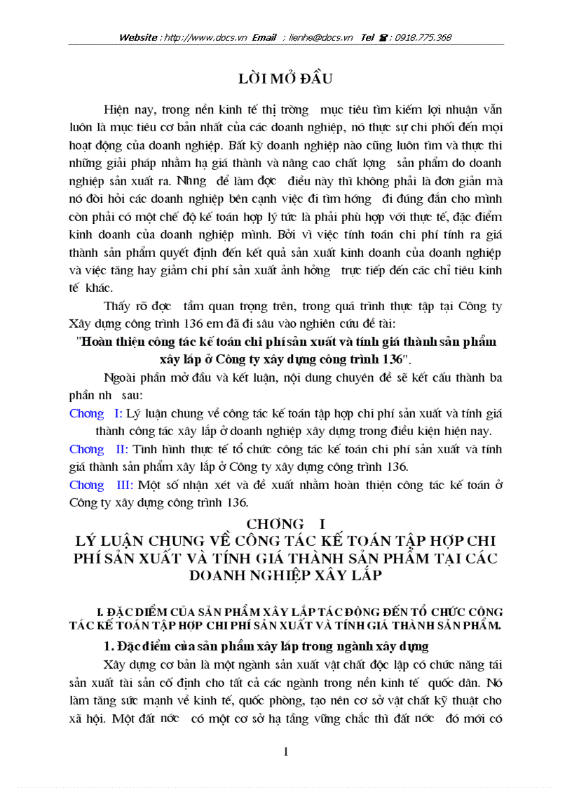 Hoàn thiện công tác kế toán chi phí sản xuất và tính giá thành sản phẩm xây lắp ở Công ty xây dựng công trình 136