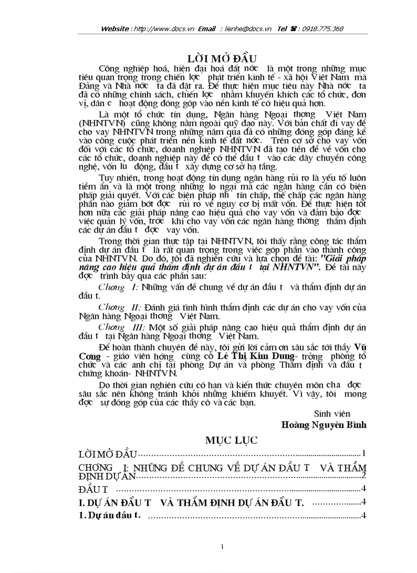 Giải pháp nâng cao hiệu quả thẩm định dự án đầu tư tại ngânhàng NHTMCP Ngoại Thương VietcomBank VN