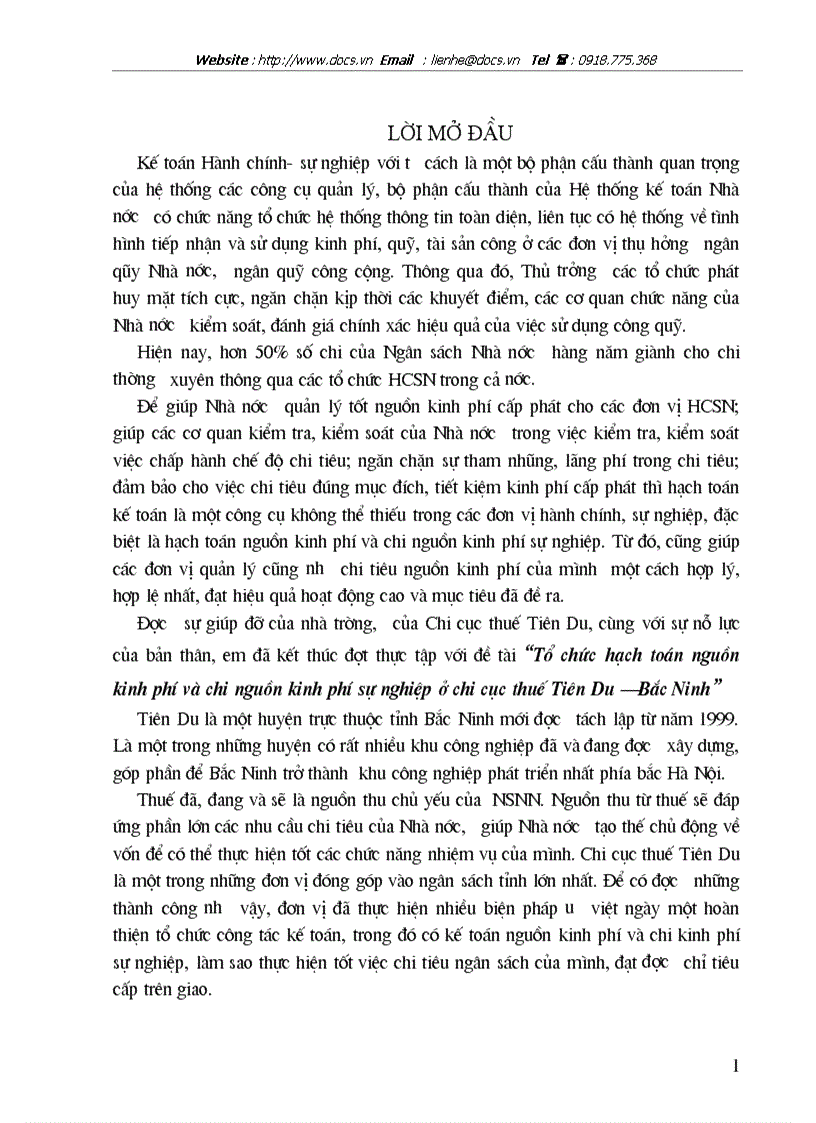 Tổ chức hạch toán nguồn kinh phí và chi nguồn kinh phí sự nghiệp ở chi cục thuế Tiên Du Bắc Ninh