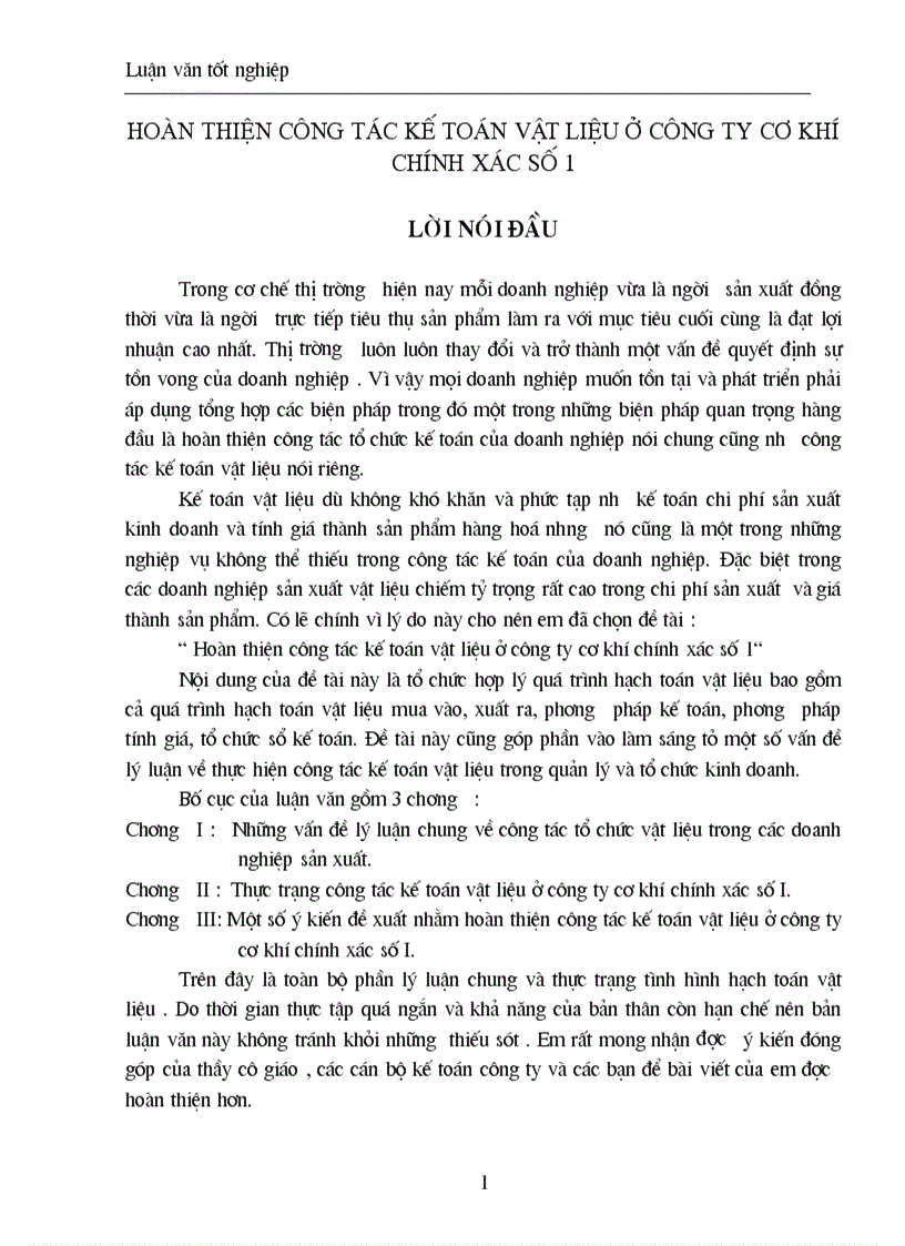 Hoàn thiện công tác kế toán vật liệu ở công ty cơ khí chính xác số