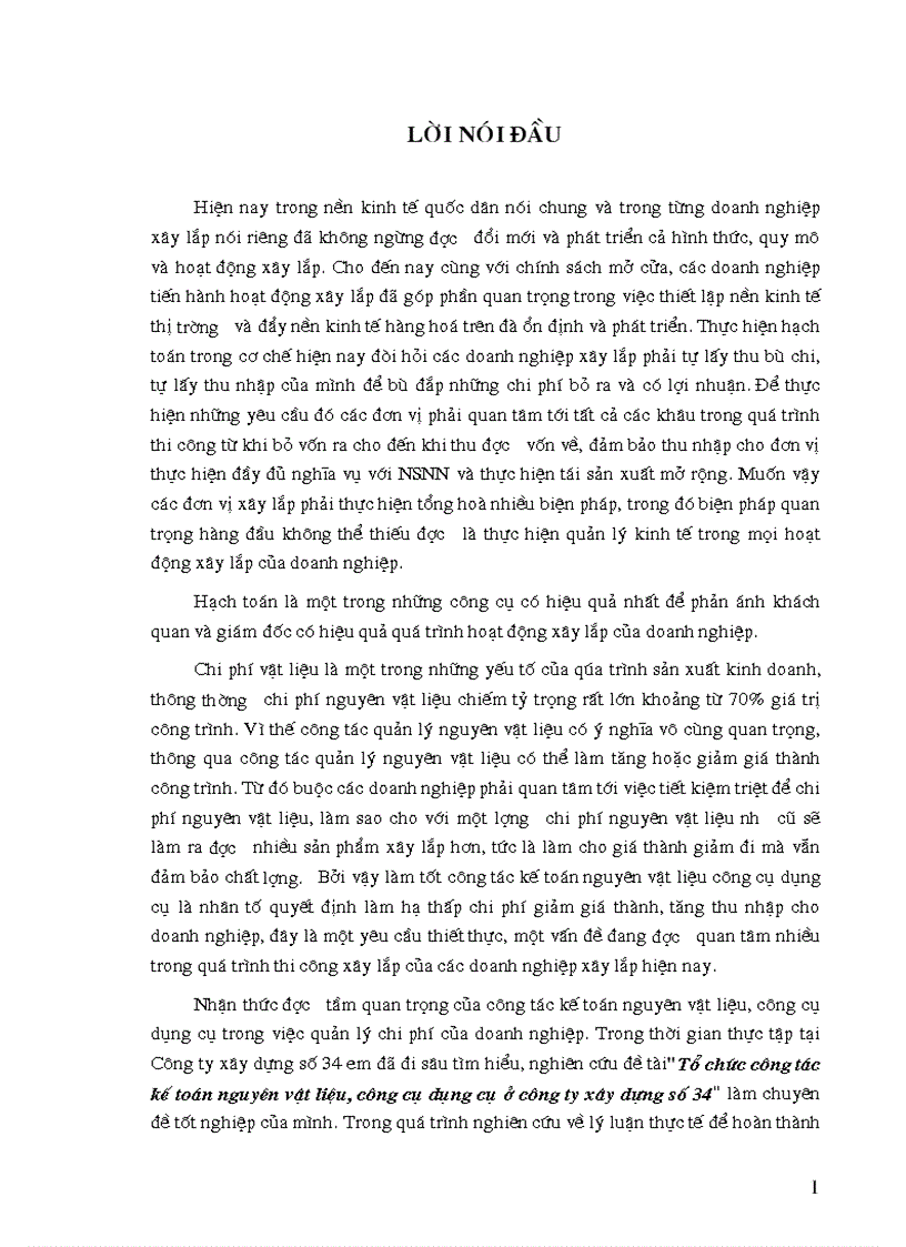 Công tác kế toán vật liệu tại Công ty xây dựng số 34 và ý kiến đề xuất nhằm góp phần hoàn thiện công tác kế toán vật liệu ở công ty xây dựng số 34