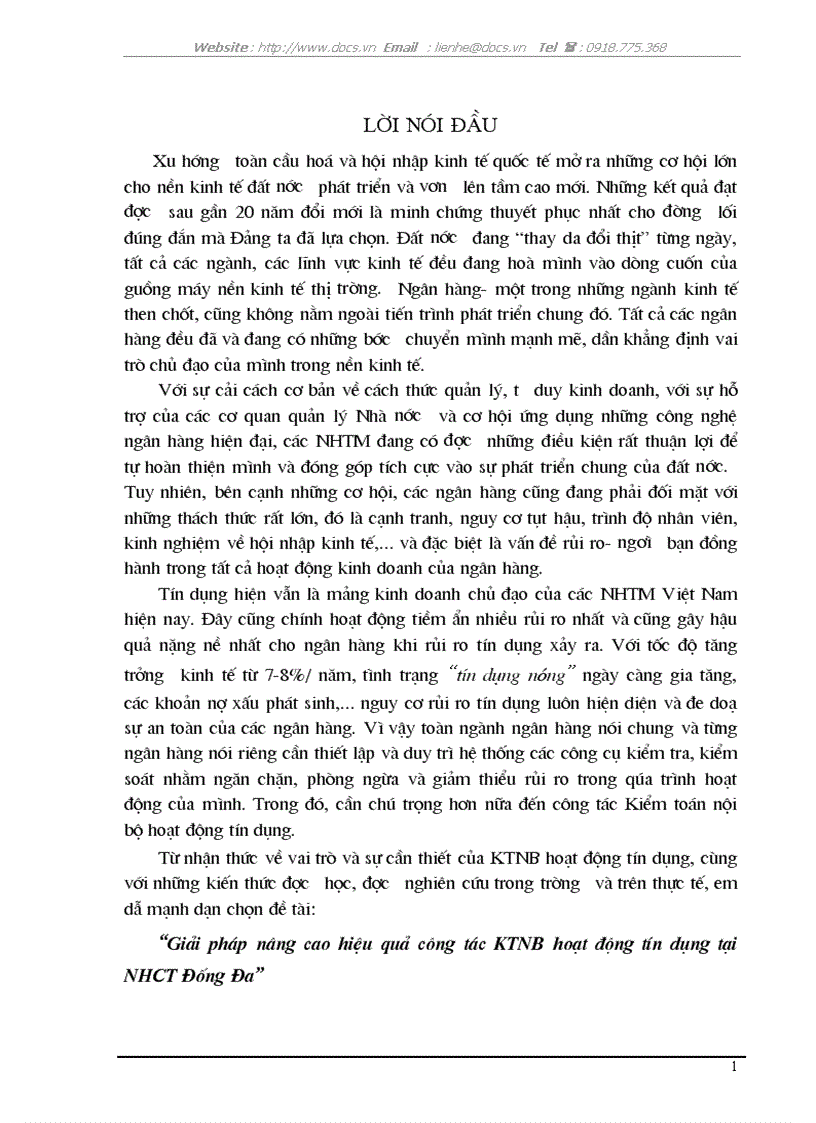 Giải pháp nâng cao hiệu quả công tác kiểm toán nội bộ hoạt động tín dụng tại ngân hàng NHCT VietinBank Đống Đa
