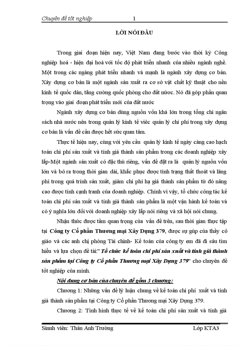 Tổ chức kế toán chi phí sản xuất và tính giá thành sản phẩm tại Công ty Cổ phần Thương mại Xây Dựng 379