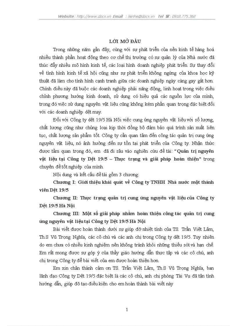 Quản trị nguyên vật liệu tại Công ty Dệt 19 5 Thực trạng và giải pháp hoàn thiện