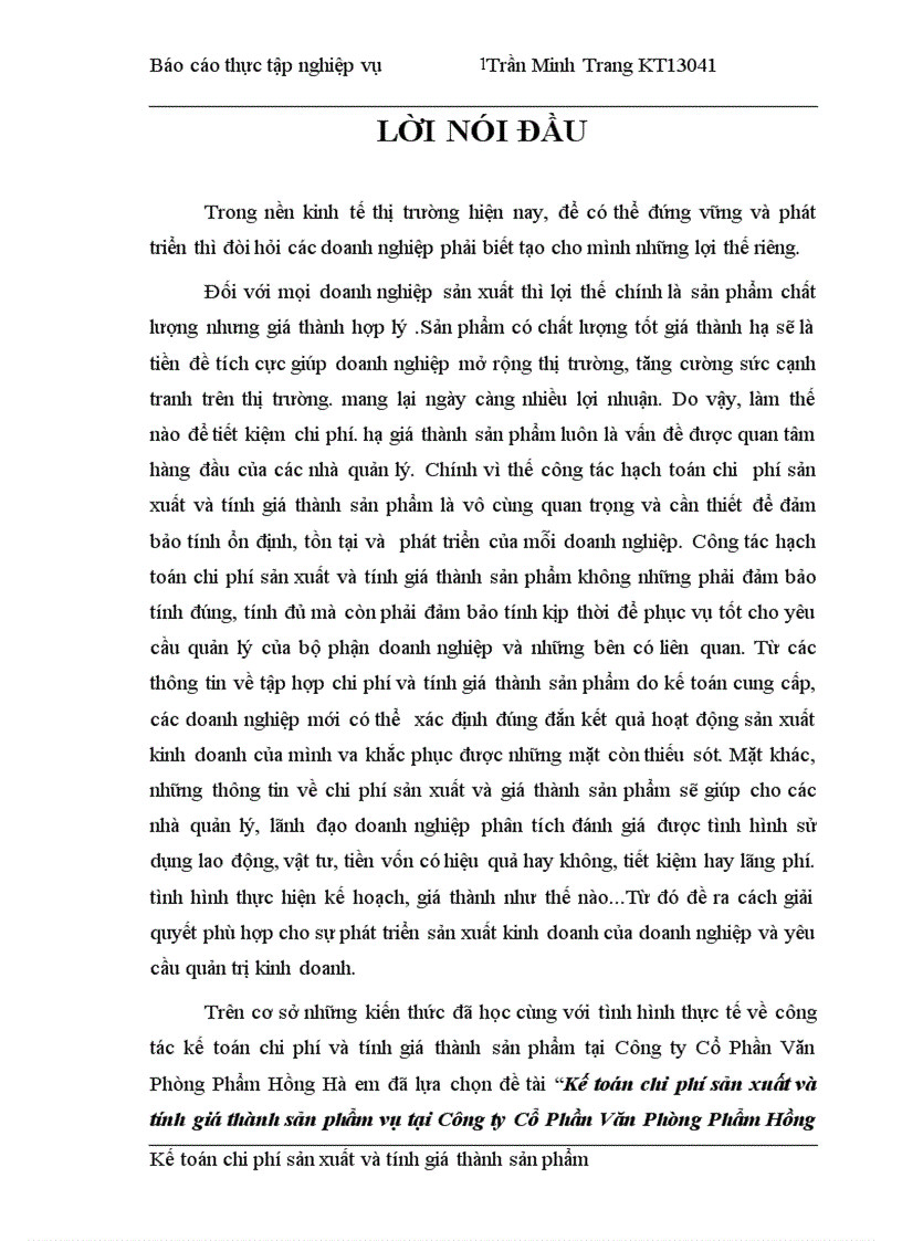 Kế toán chi phí sản xuất và tính giá thành sản phẩm vụ tại Công ty Cổ Phần Văn Phòng Phẩm Hồng Hà