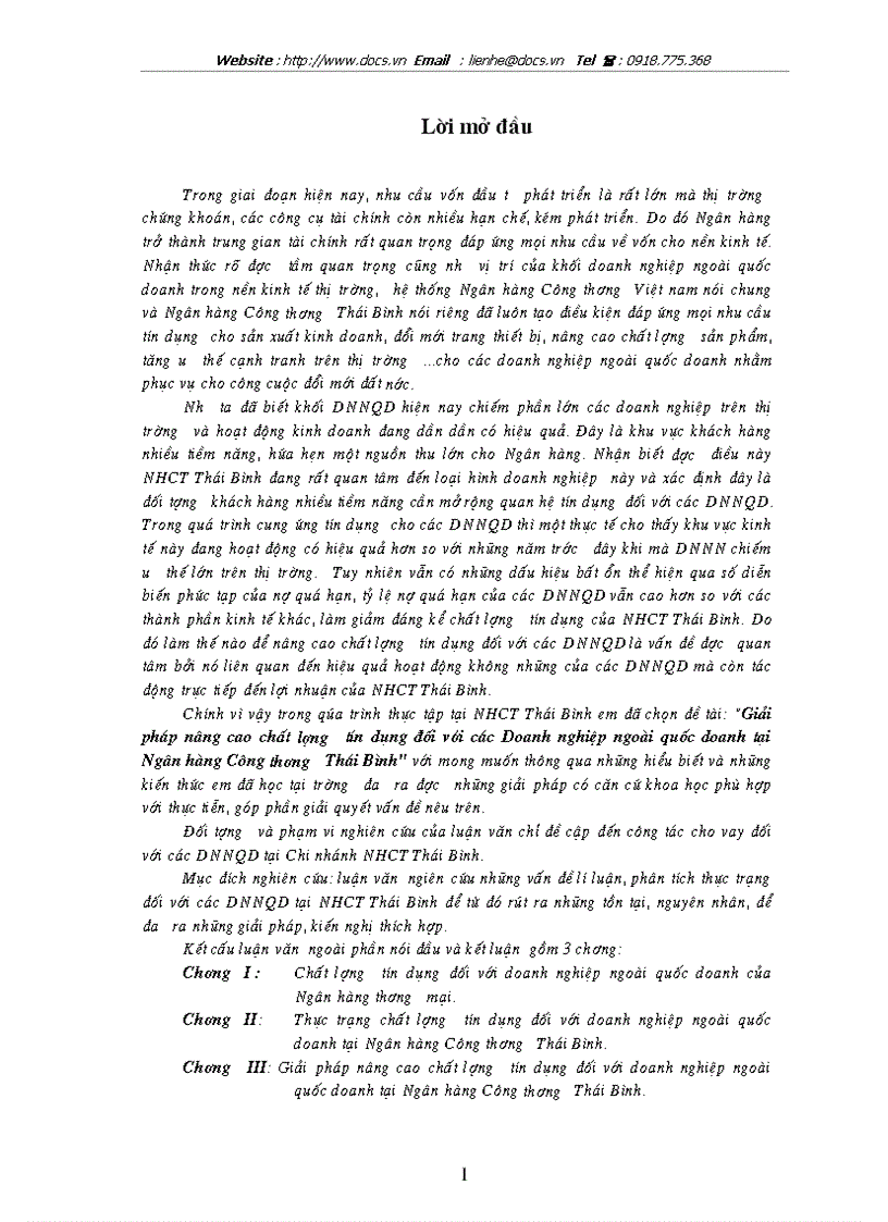 Giải pháp nâng cao chất lượng tín dụng đối với các Doanh nghiệp ngoài quốc doanh tại ngânhàng NHCT VietinBank Thái Bình