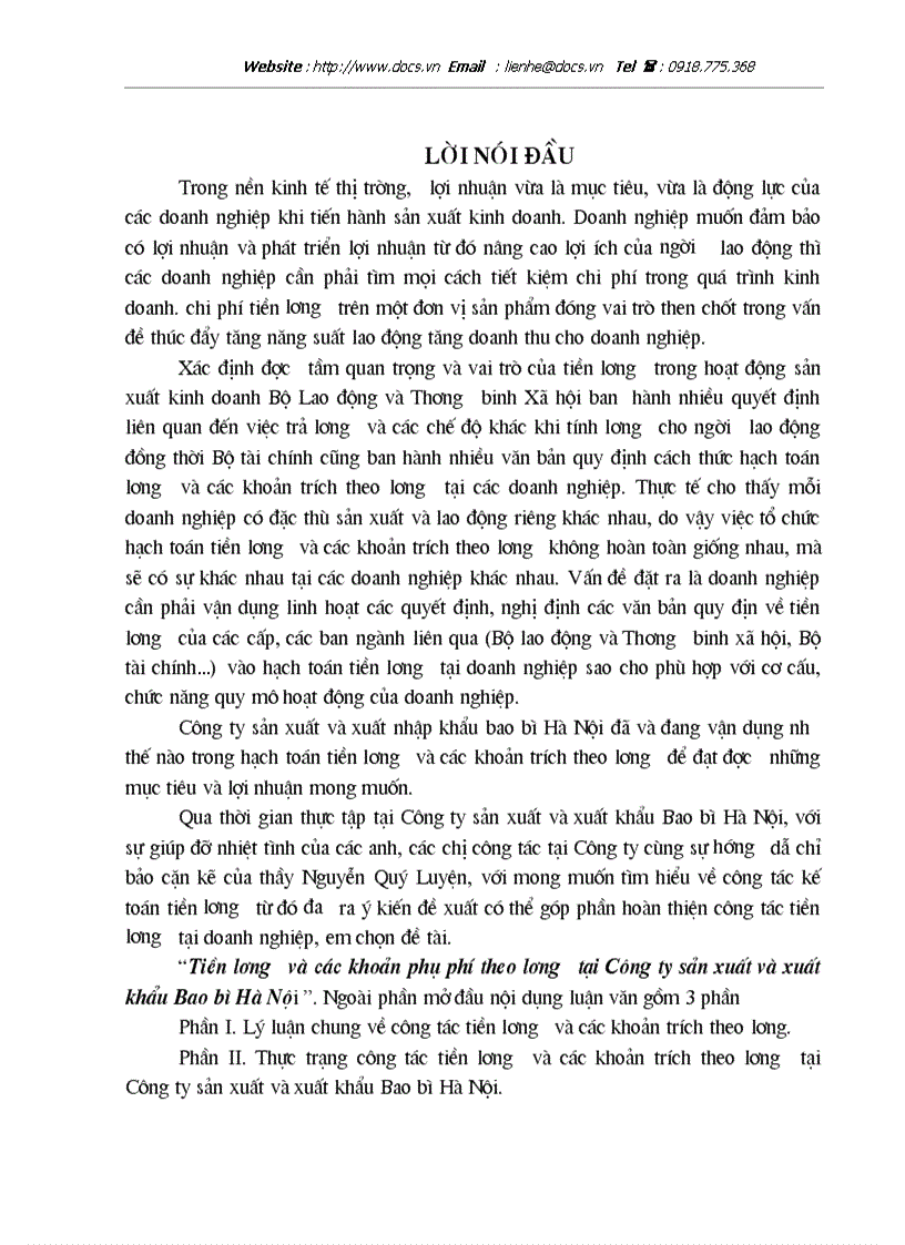 Tiền lương và các khoản phụ phí theo lương tại Công ty sản xuất và xuất khẩu Bao bì Hà Nội