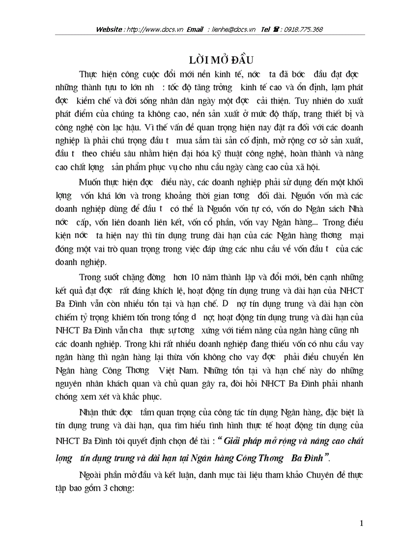 Giải pháp mở rộng nâng cao chất lượng tín dụng trung dài hạn tại ngânhàng NHCT VietinBank Ba Đình