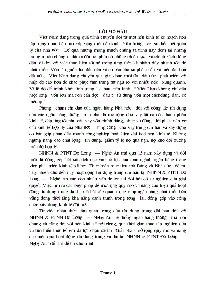Giải pháp mở rộng quy mô nâng cao hiệu quả hoạt động tín dụng trung dài tại ngânhàng NHNo PTNT AgriBank Đô Lương Nghệ An