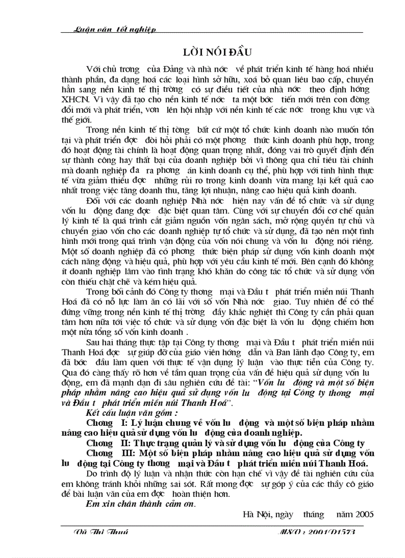 Vốn lưu động và một số biện pháp nhằm nâng cao hiệu quả sử dụng vốn lưu động tại Công ty thương mại và Đầu tư phát triển miền núi Thanh Hoá