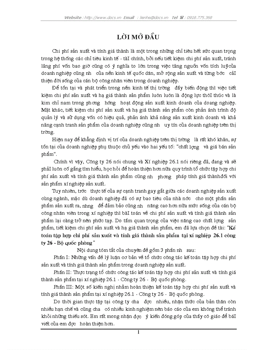 Kế toán tập hợp chi phí sản xuất và tính giá thành sản phẩm tại xí nghiệp 26 1 công ty 26 Bộ quốc phòng