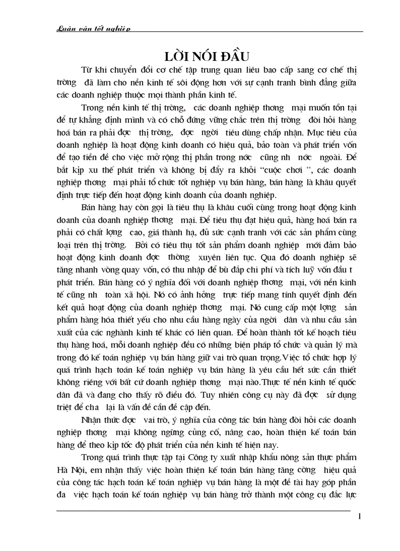 Phương hướng hoàn thiện kế toán nghiệp vụ bán hàng nội địa ở công ty xuất nhập khẩu nông sản thực phẩm Hà Nội