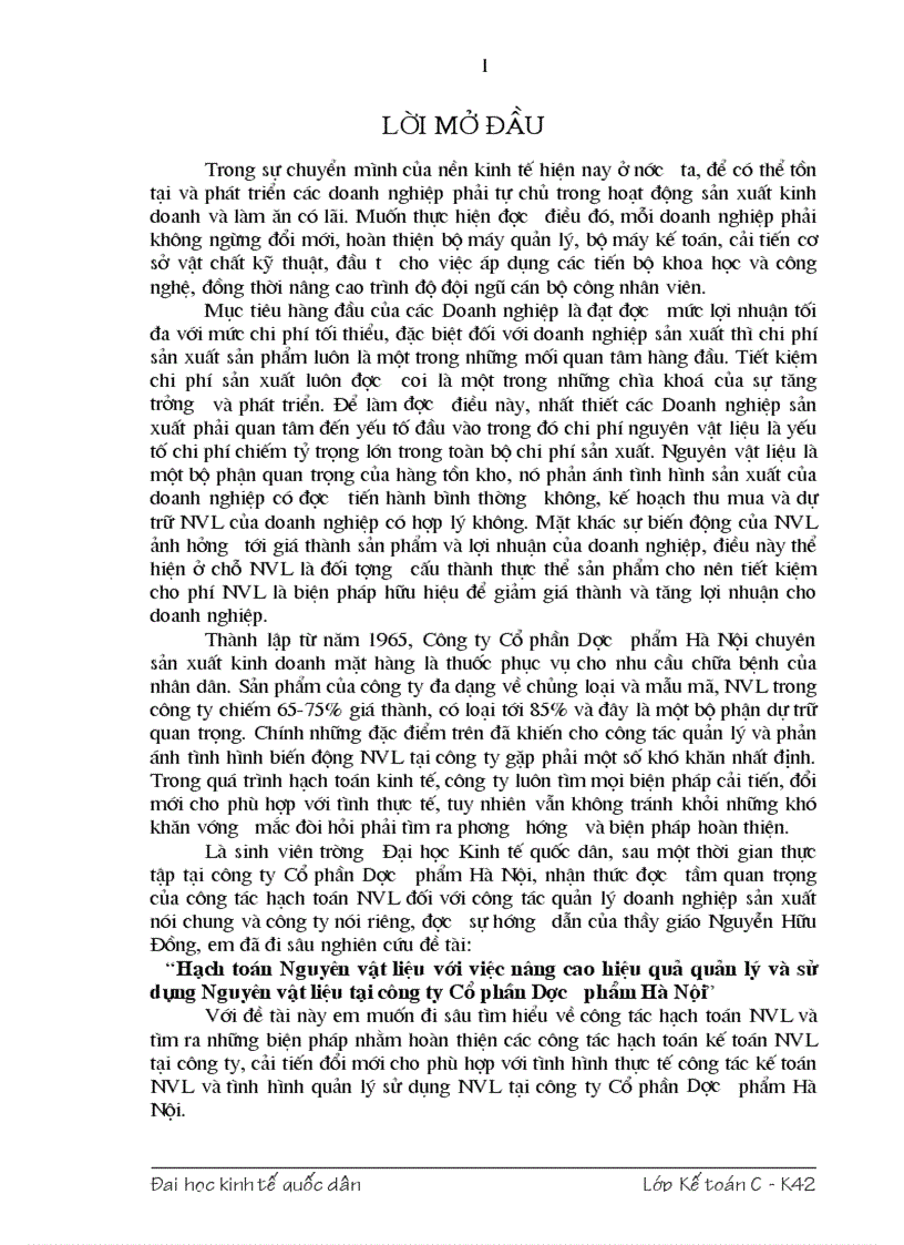 Công tác kế toán NVL với việc nâng cao hiệu quả quản lý NVL tại công ty CPDP Hà Nội