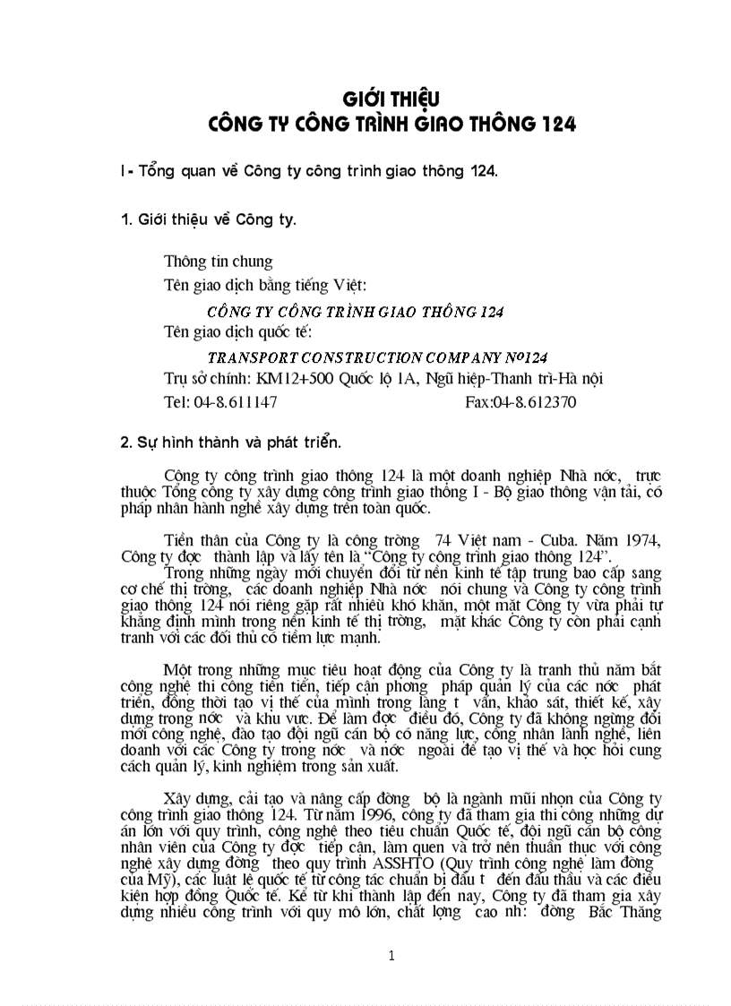 Báo cáo thực tập tại Công ty công trình giao thông 124