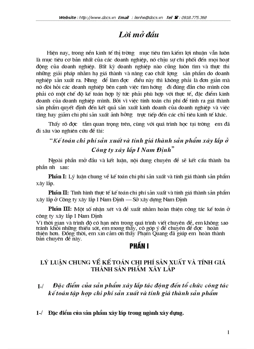 Kế toán chi phí sản xuất và tính giá thành sản phẩm xây lắp ở Công ty xây lắp I Nam Định