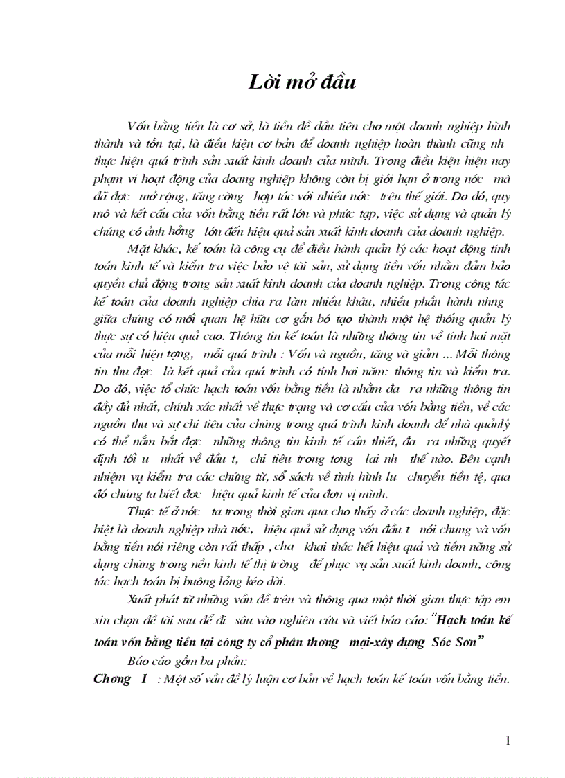 Một số giải pháp góp phần hoàn thiện công tác hạch toán vốn bằng tiền tại Công ty cổ phần thương mại xây dựng Sóc Sơn