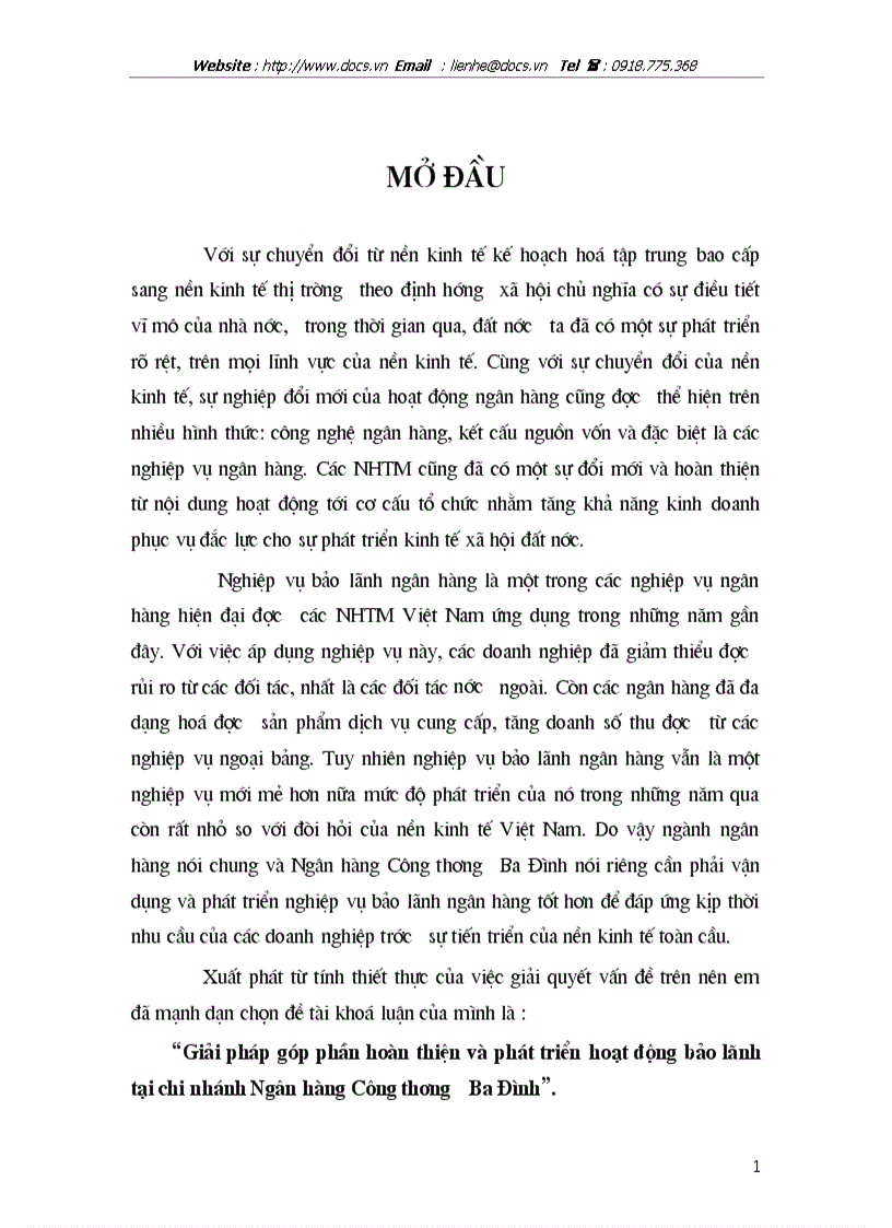 Giải pháp góp phần hoàn thiện phát triển hoạt động bảo lãnh tại chi nhánh ngânhàng NHCT VietinBank Ba Đình