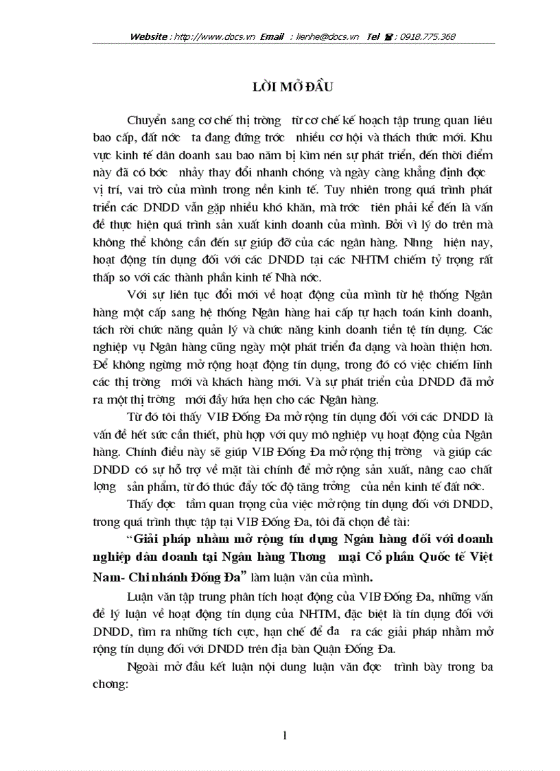 Mở rộng tín dụng Ngân hàng đối với doanh nghiệp dân doanh tại ngânhàng Quốc Tế VIB CN Đống Đa