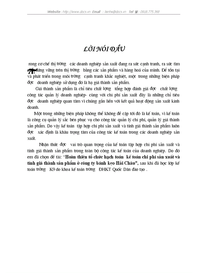 Hoàn thiện tổ chức hạch toán kế toán chi phí sản xuất và tính giá thành sản phẩm ở công ty bánh kẹo Hải Châu