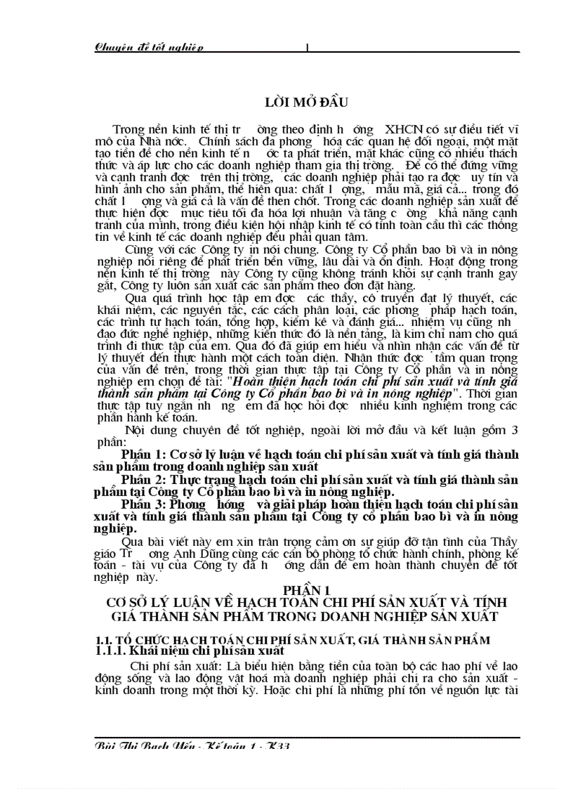 Phương hướng và giải pháp hoàn thiện hạch toán chi phí sản xuất và tính giá thành sản phẩm tại Công ty cổ phần bao bì và in nông nghiệp