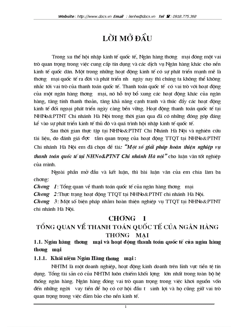 1số giải pháp hoàn thiện nghiệp vụ thanh toán quốc tế tại ngânhàng NHNo PTNT AgriBank Chi nhánh Hà nội