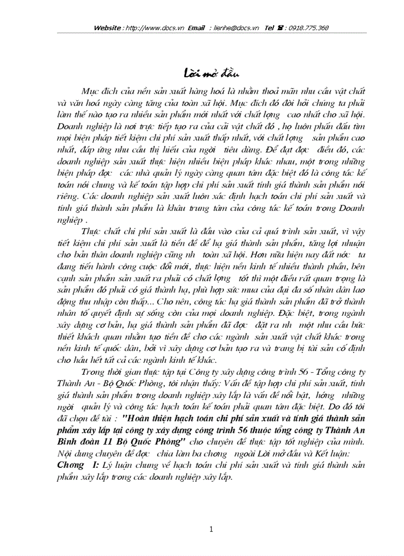 Hoàn thiện hạch toán chi phí sản xuất và tính giá thànhản phẩm xây lắp tại công ty xây dựng công trình 56 sthuộc tổng công ty Thành An Binh đoàn 11 B