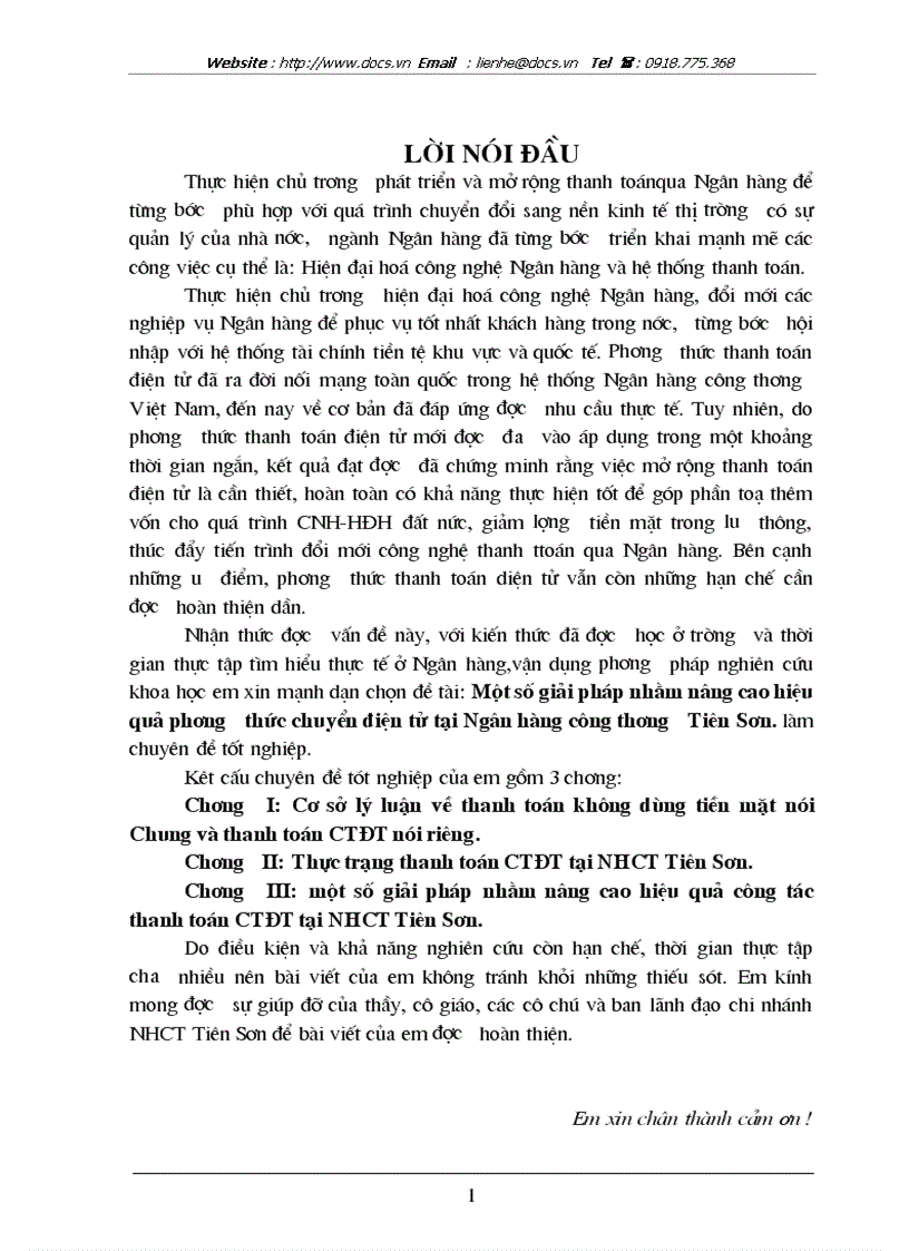 1số giải pháp nhằm nâng cao hiệu quả phương thức chuyển điện tử tại ngânhàng NHCT VietinBank Tiên Sơn