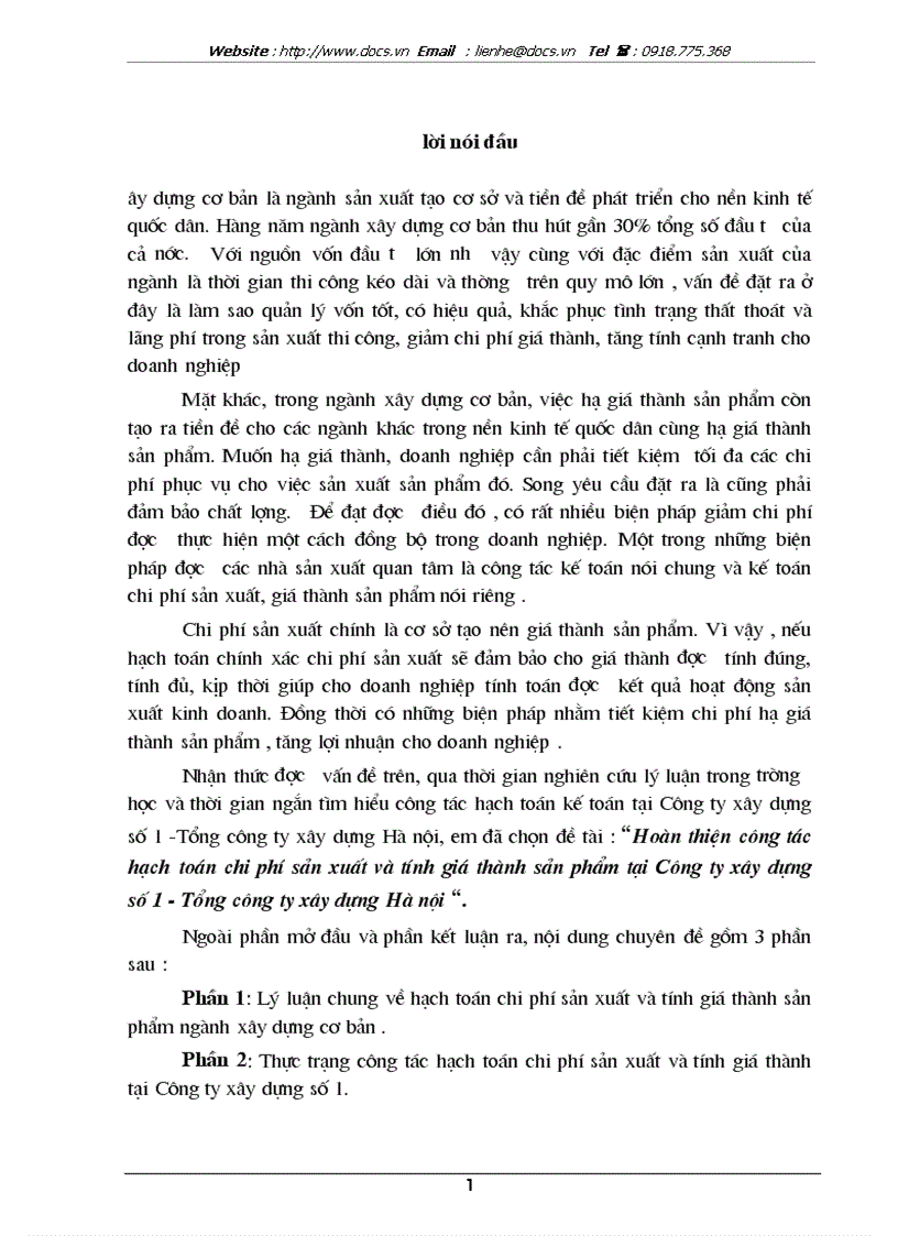 Hoàn thiện công tác hạch toán chi phí sản xuất và tính giá thành sản phẩm tại Công ty xây dựng số 1 Tổng công ty xây dựng Hà nội